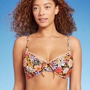 NWT Shade & Shore Shimmer Floral Print Crochet Detail Bikini Top, 36C